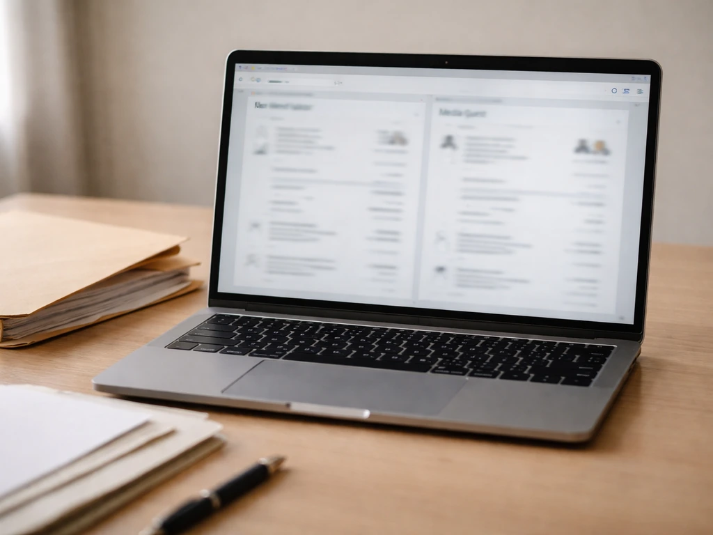 Minimal desk scene with blurred laptop showing public-record style pages and a folder of filings