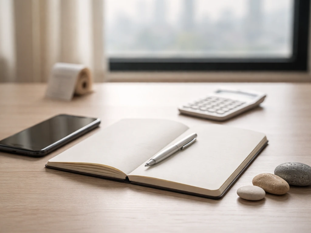 Minimal office desk with a smartphone and notebook beside a calculator, suggesting net worth estimate ranges.
