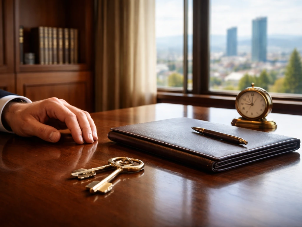 Upscale private-banking office desk with leather portfolio and brass items in natural light, no identifiable person.