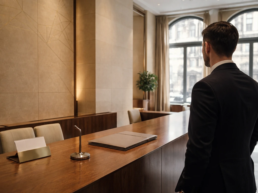 Anonymous banker in a refined Swiss banking lobby, suggesting wealth and identity without showing Nicolas Pictet.