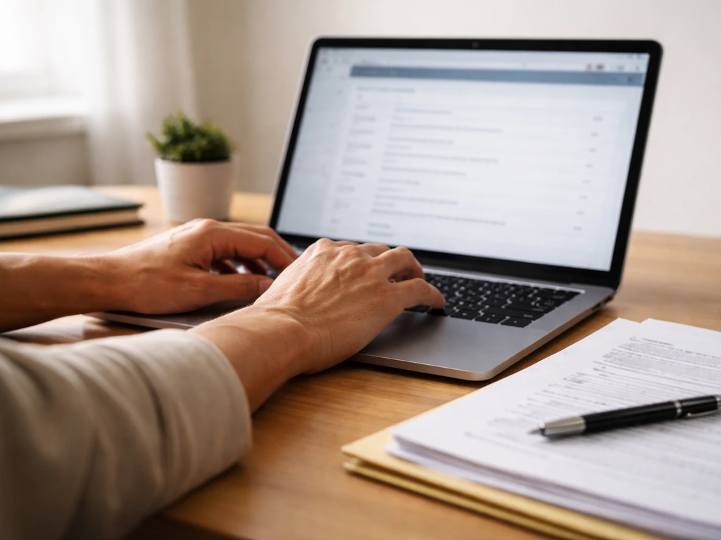 Close-up of a laptop showing generic SEC-style filing document layout with a folder and pen on a desk