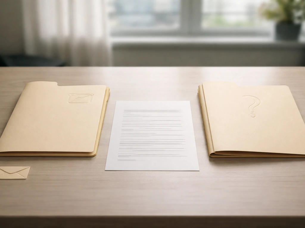 Minimal office desk with two folders labeled Verified and Estimated, separated by a small evidence folder icon.