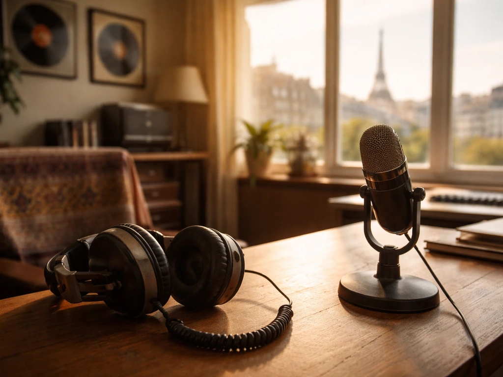 Vintage studio desk with microphone and headphones, warm light, Paris skyline background—symbolic media legacy.