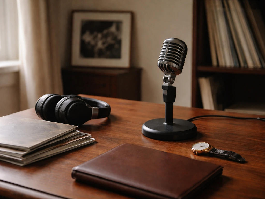Minimal media-studio desk scene with a family-music legacy atmosphere and subtle wealth cues.