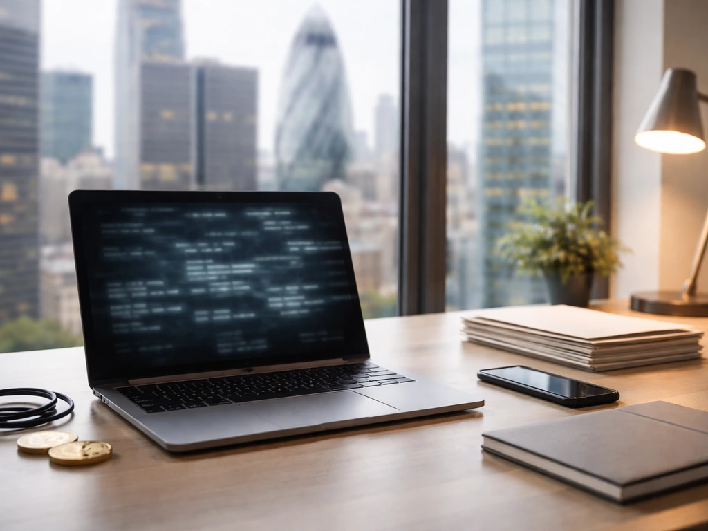 Minimal office scene with crypto-themed visuals, suggesting calculation and net-worth verification