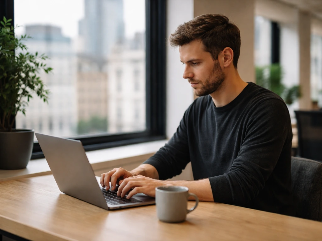 Anonymous tech professional typing at a London coworking desk with blurred city views through a window.