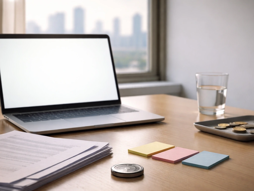 Minimal office desk scene suggesting cryptocurrency valuation and ownership breakdown logic