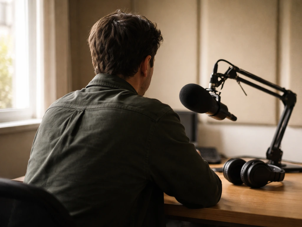 Anonymous journalist at a radio microphone in a quiet studio, suggesting the media identity.