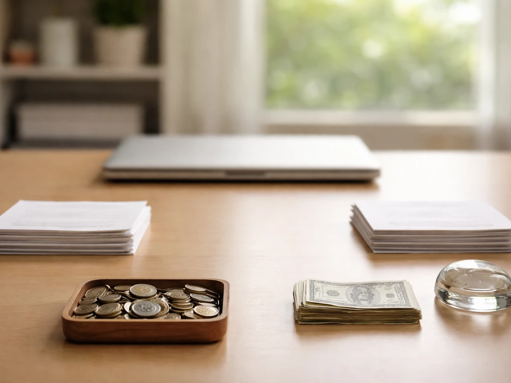 Minimal office desk with neatly arranged cash and documents beside a laptop, symbolizing assets minus liabilities.