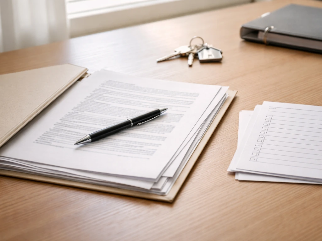 Close-up of contract documents and a pen on a wooden table, with a binder and key fob nearby.