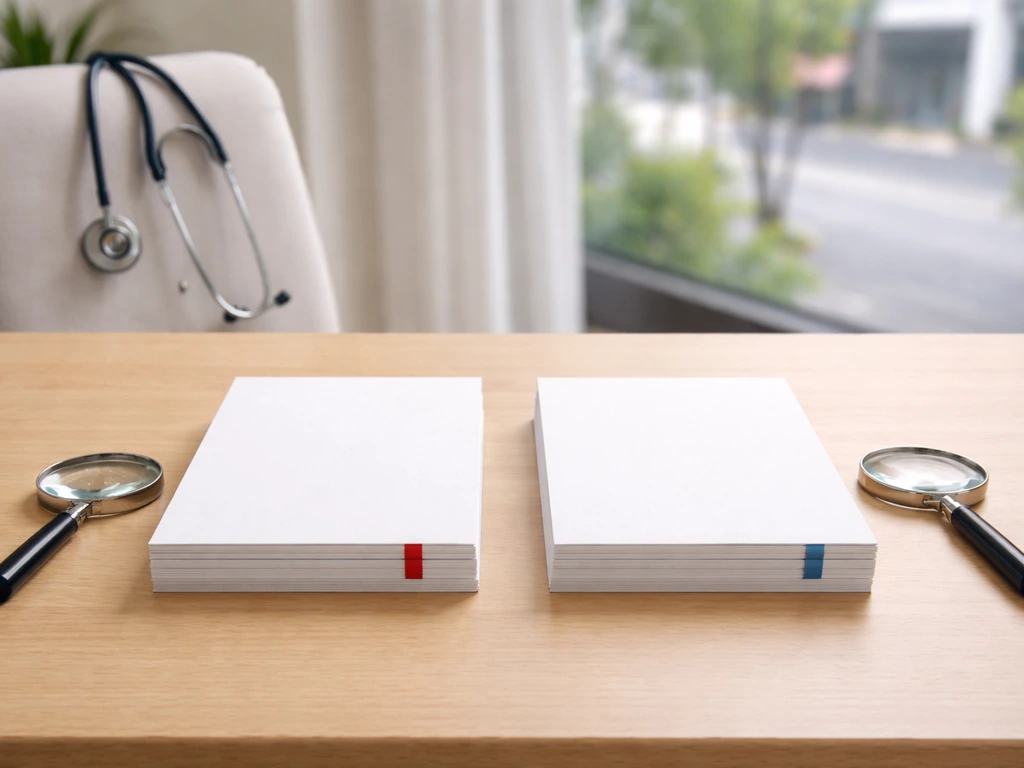 Two side-by-side blank paper stacks with magnifying glasses and subtle color cues, suggesting name verification.