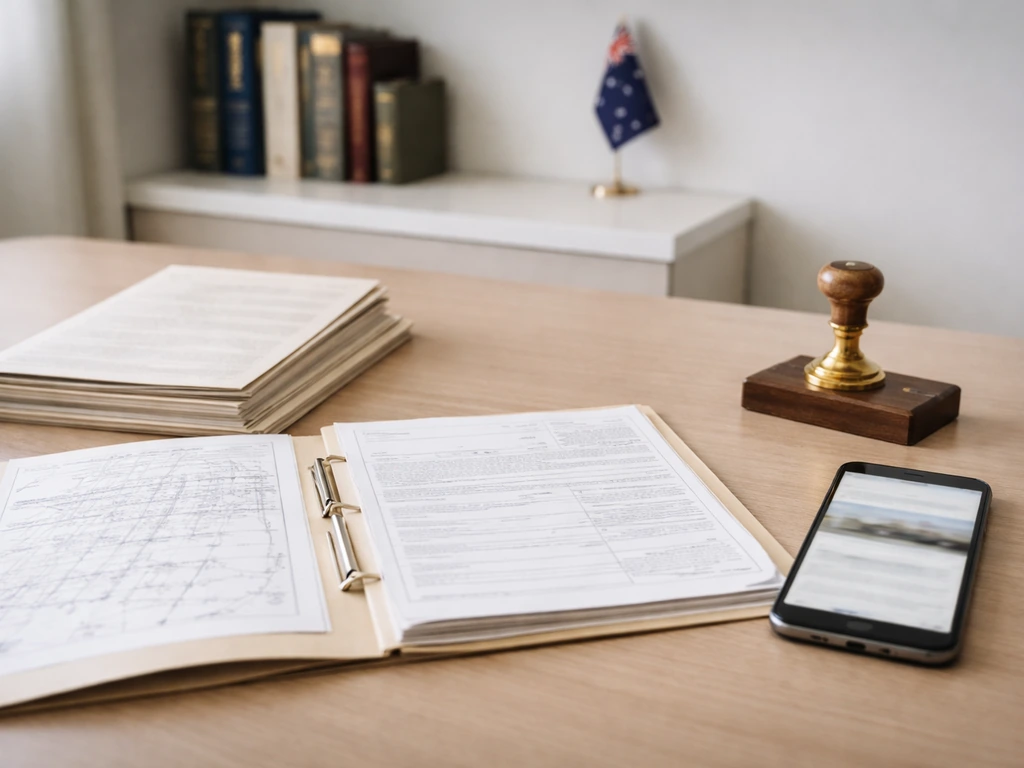 Australian land-title records on an office desk, with blurred compliance website on a phone.