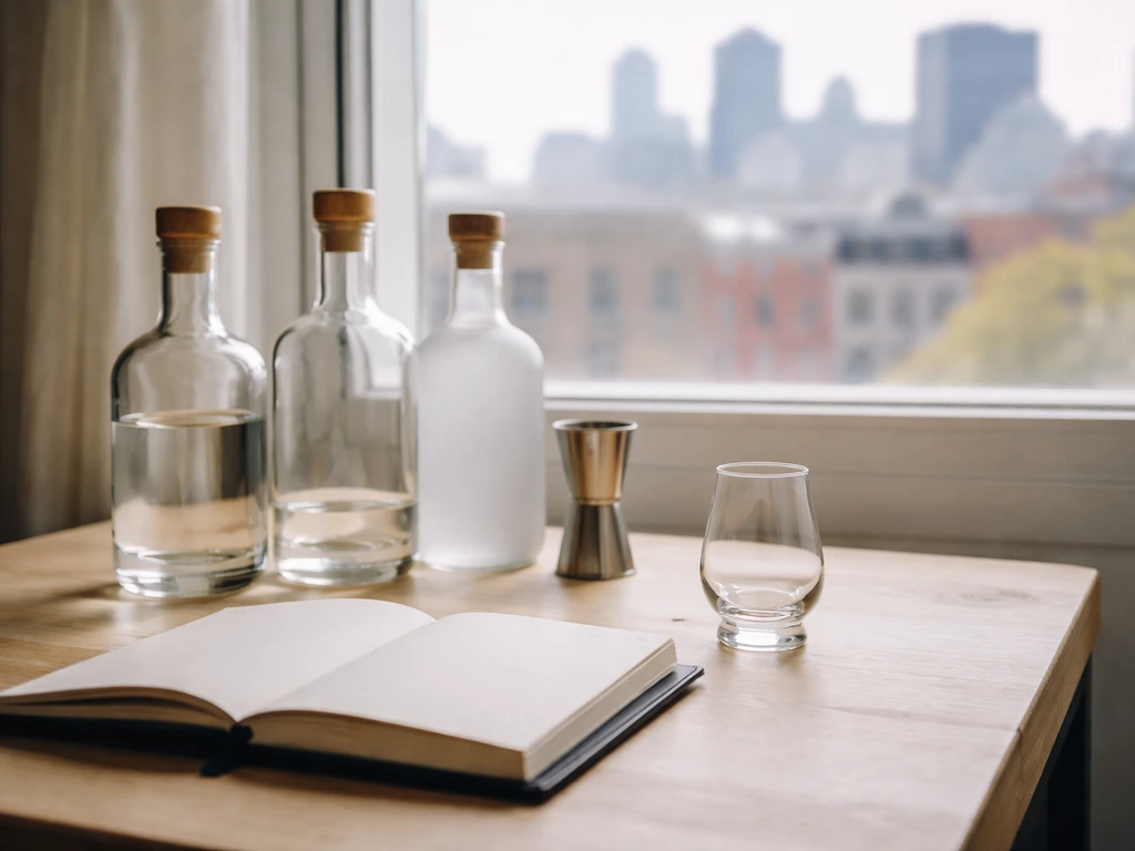 Montreal spirits branding scene with empty glass bottles and a notebook on a small desk