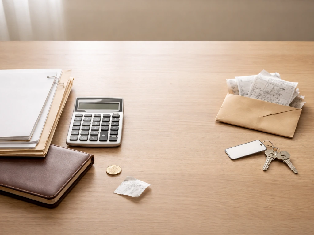 Minimal desk scene with ledger, calculator, documents, and bills arranged to suggest assets minus liabilities.