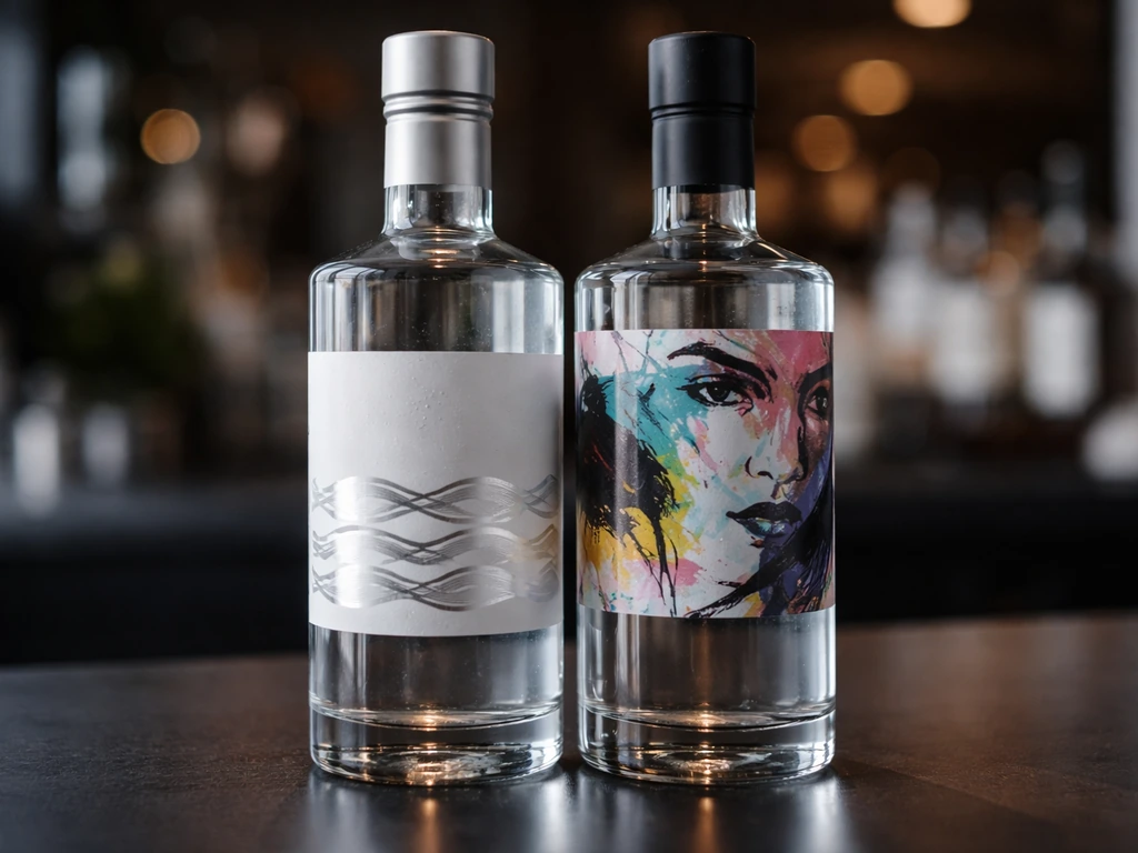 Close-up of Pur Vodka and Romeo’s Gin bottles in soft light on a simple dark surface.