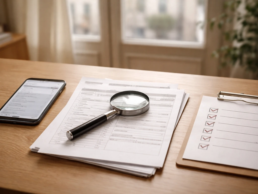Magnifying glass and blurred search on a desk with blank documents and a checklist for identity verification.