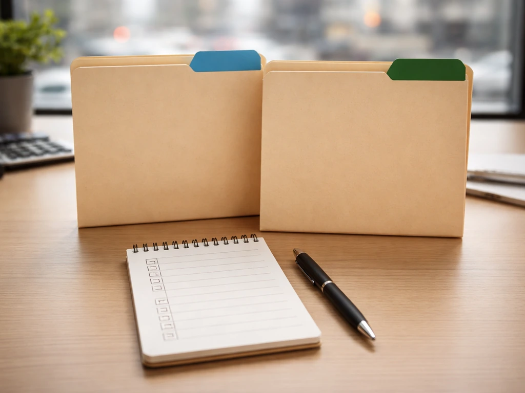 Minimal desk scene with two blank folders and a checklist-style notepad to suggest identity disambiguation.