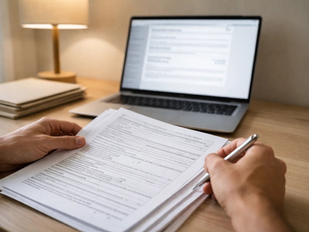 Hands on a desk with French registry documents and an open laptop showing a blank filing interface.