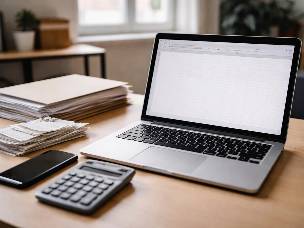 Close-up of a laptop, calculator, and receipts on a desk used to estimate net worth from business figures