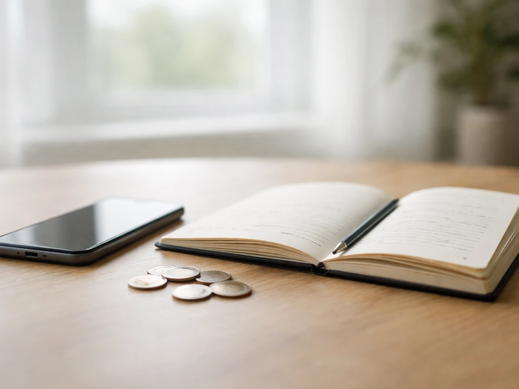 Close-up of a smartphone and notebook with coins on a desk, symbolizing earnings verification