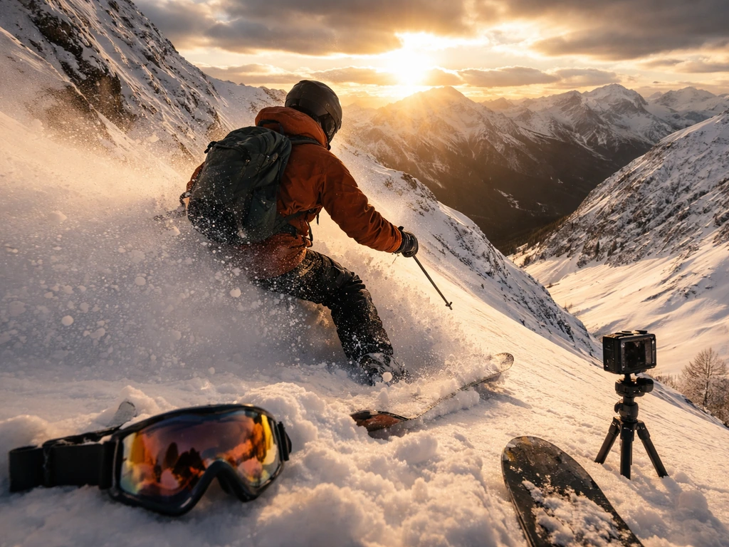 Anonymous skier carving through fresh powder in a dramatic Nordic freeride landscape with action camera cues