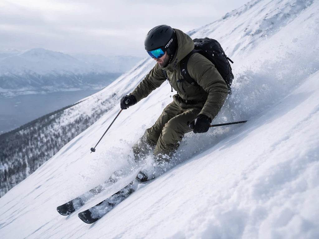 Freeride skier on snowy mountain ridge in Tromsø, camera tracking the skier mid-action