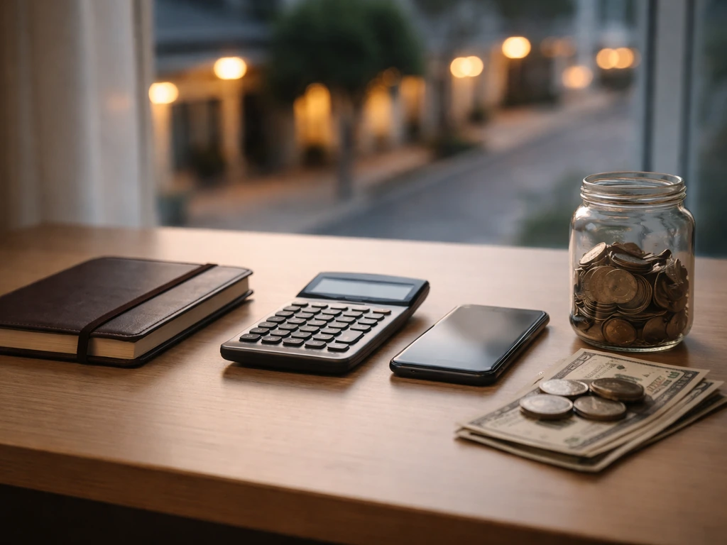 Minimal office desk with calculator and coins symbolizing assets vs liabilities in a finance breakdown.