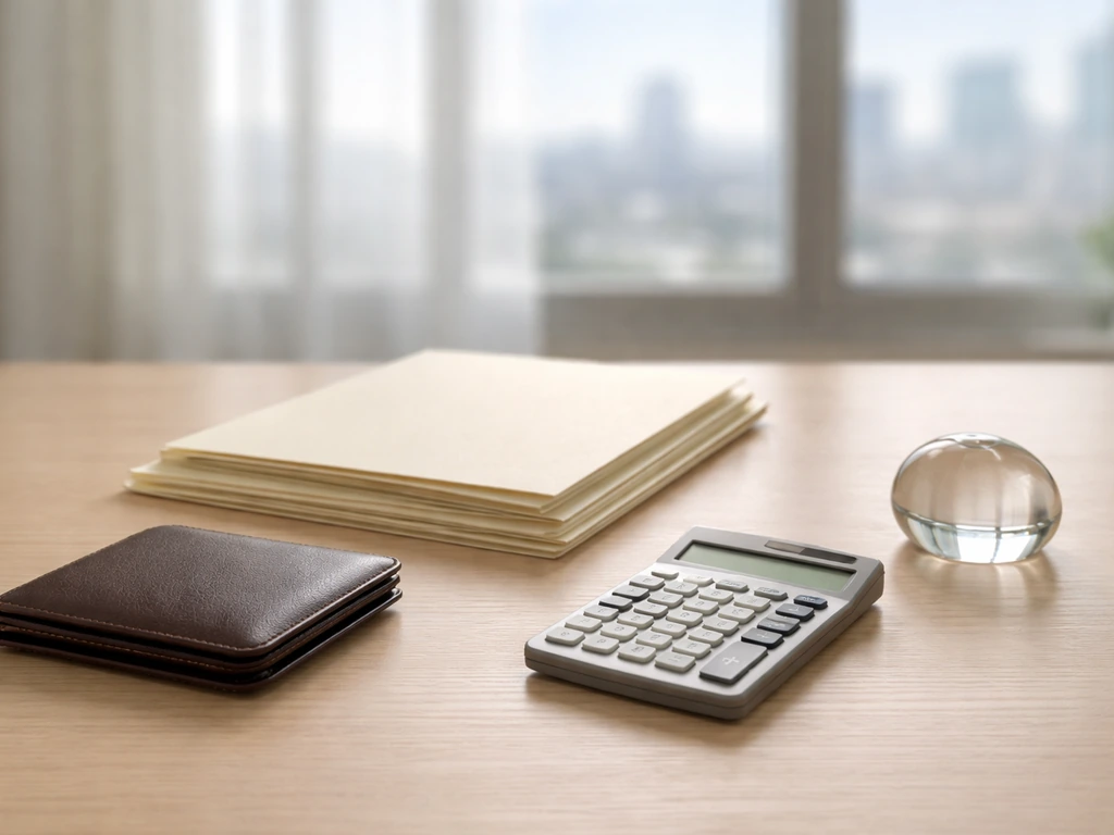 Minimal desk scene with folders, calculator, and paperweight symbolizing company assets