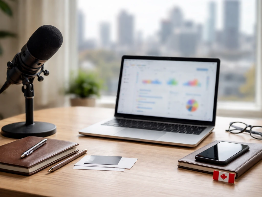 Minimal home office desk with microphone and laptop, symbolizing digital marketing and business finance.