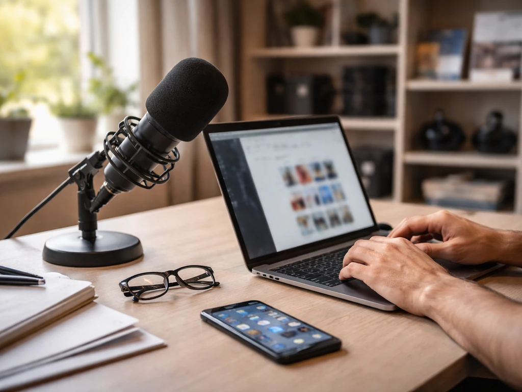 Minimal media office desk with laptop, microphone, and marketing gear symbolizing a digital marketing founder.