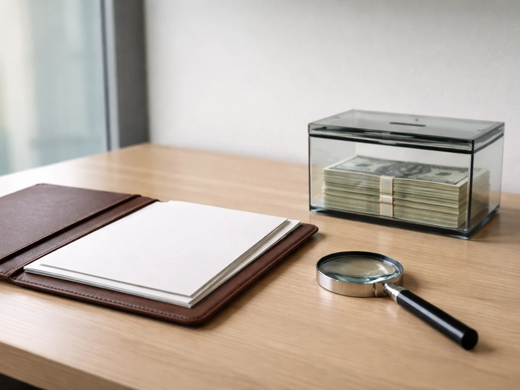 Minimal desk scene with unmarked documents and a magnifying glass suggesting verification and uncertainty