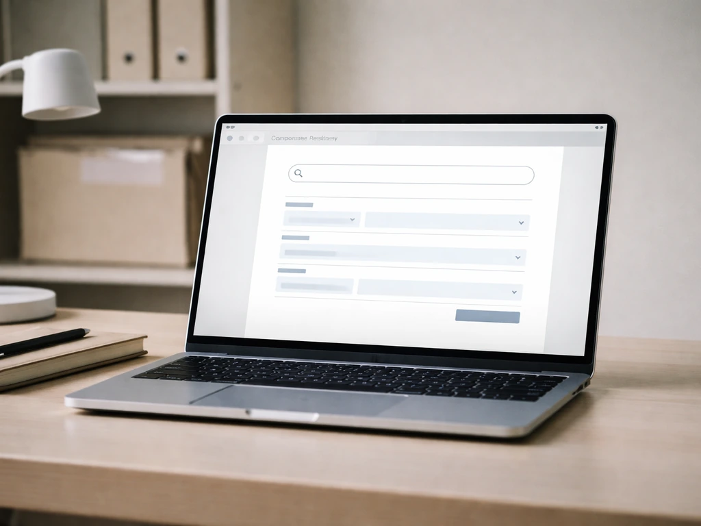 Minimal desk scene with an anonymous laptop showing a generic corporate registry search page.