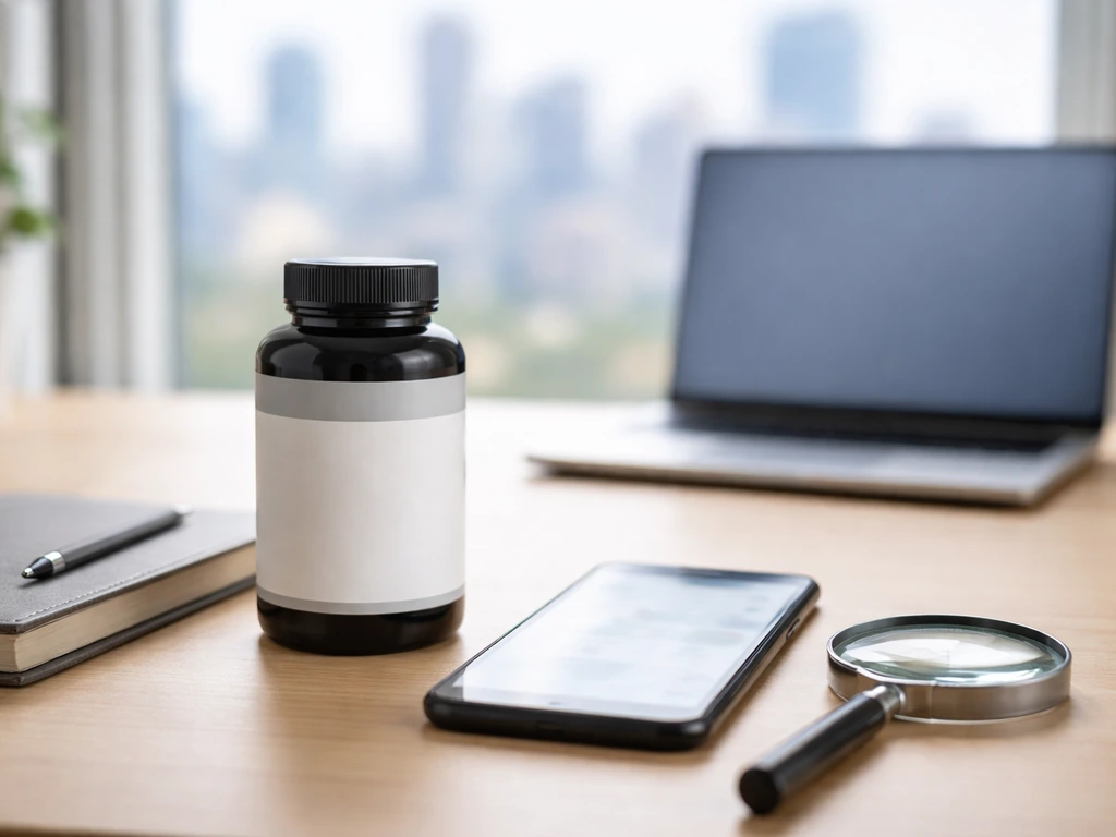 Minimal office scene with a sports supplement bottle, pen, and blurred city skyline suggesting net-worth verification.