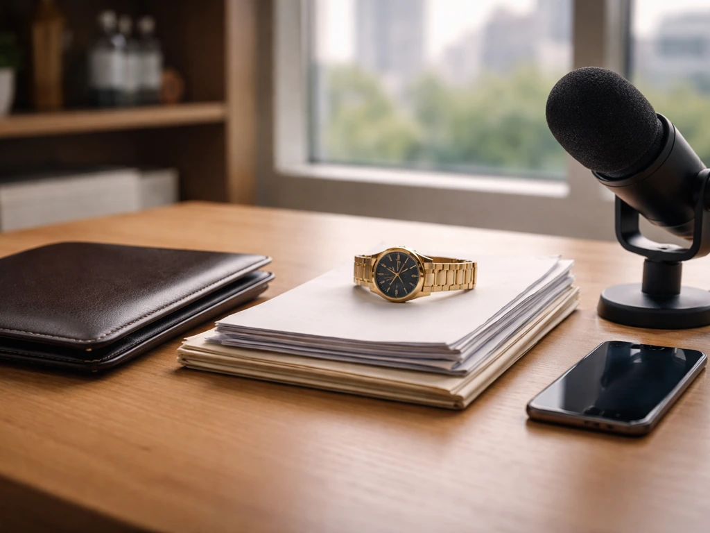 Minimal desk scene with a gold watch, portfolio, documents, and a microphone by a window and blurred city view.