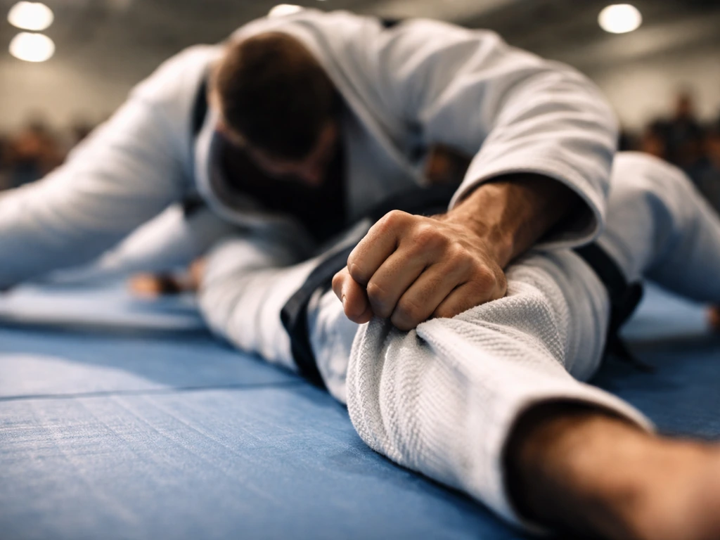 Blurred BJJ gi grappling grip on a tatami mat, evoking competition and career-based earnings.