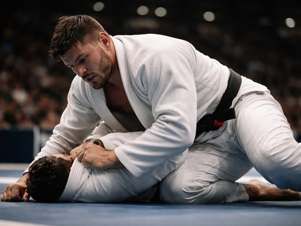 Brazilian jiu-jitsu grappler in a gi executing a grappling move during a match on an arena mat.