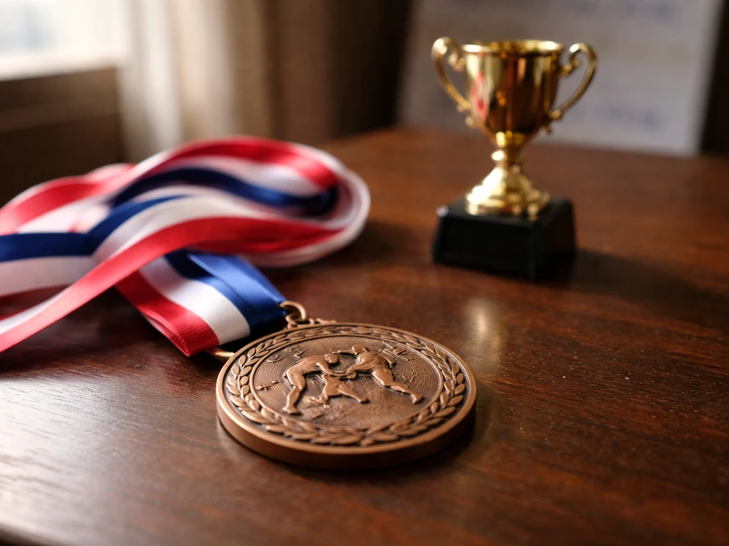 Close-up of a bronze grappling medal and small trophy on a wooden table with blurred event poster behind