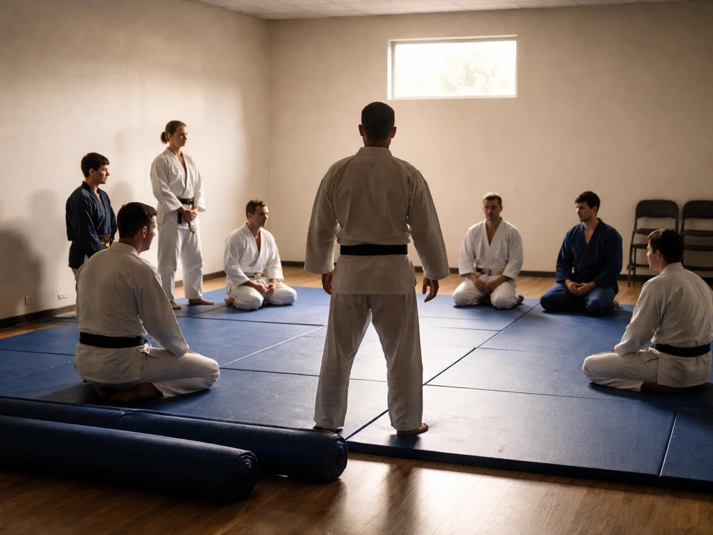 Martial arts coaching setup with students on mats in gis and an instructor silhouette guiding a class