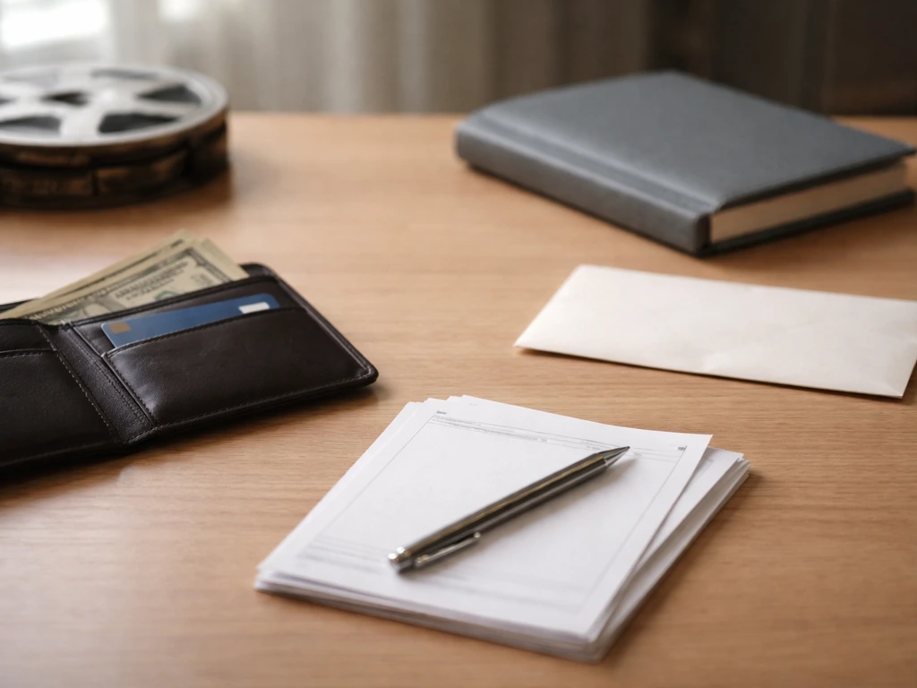 Minimal photo of a filmmaker’s studio desk with a film reel and wallet, symbolizing assets and liabilities