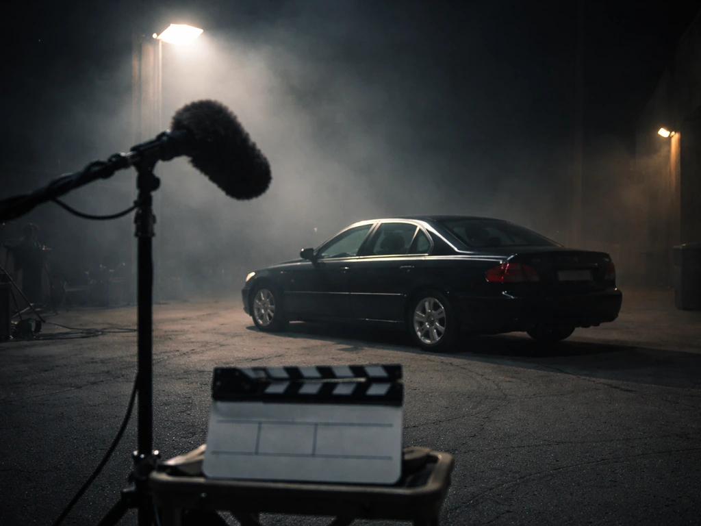 Moody studio backlot with a parked black car and out-of-focus production gear, no people visible.