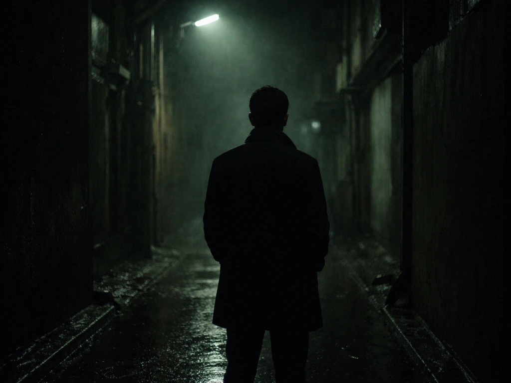 Moody cinematic still of a lone man in a dim street alley at night, referencing Only God Forgives.
