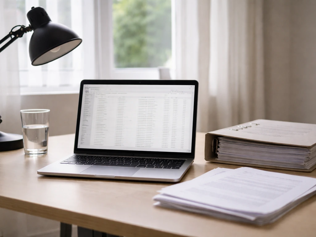 Minimal desk scene with an open laptop and blurred filing documents suggesting Companies House verification.