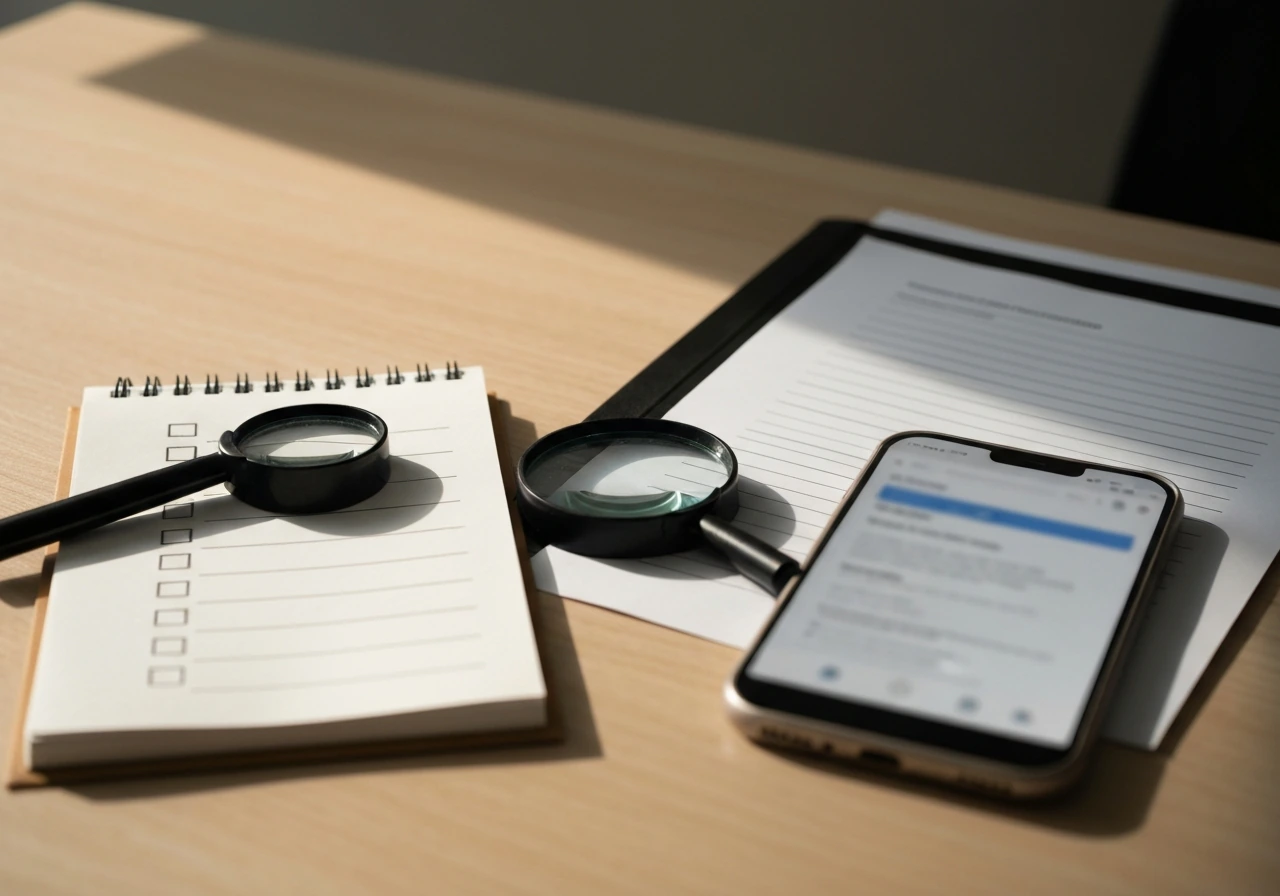 Desk setup with a blank checklist notepad, magnifying glass, and financial documents for evaluating net worth sources.
