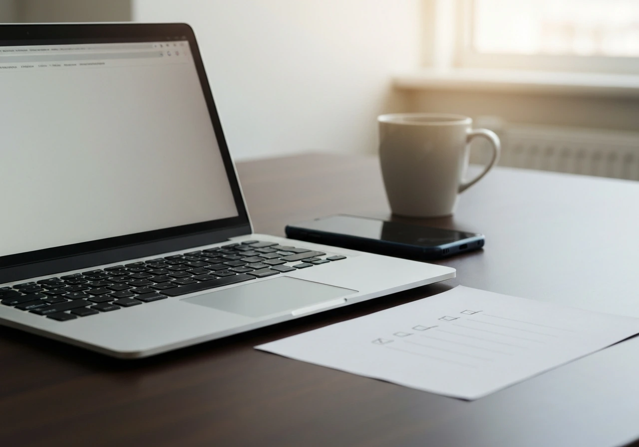 Minimal desk scene with laptop and checklist paper, suggesting verifying an estimate using public records.