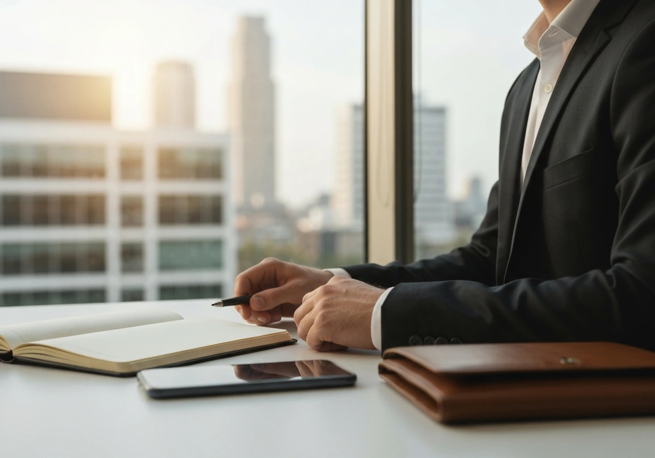 Minimal business scene with suit jacket, office window light, and a blurred city finance backdrop