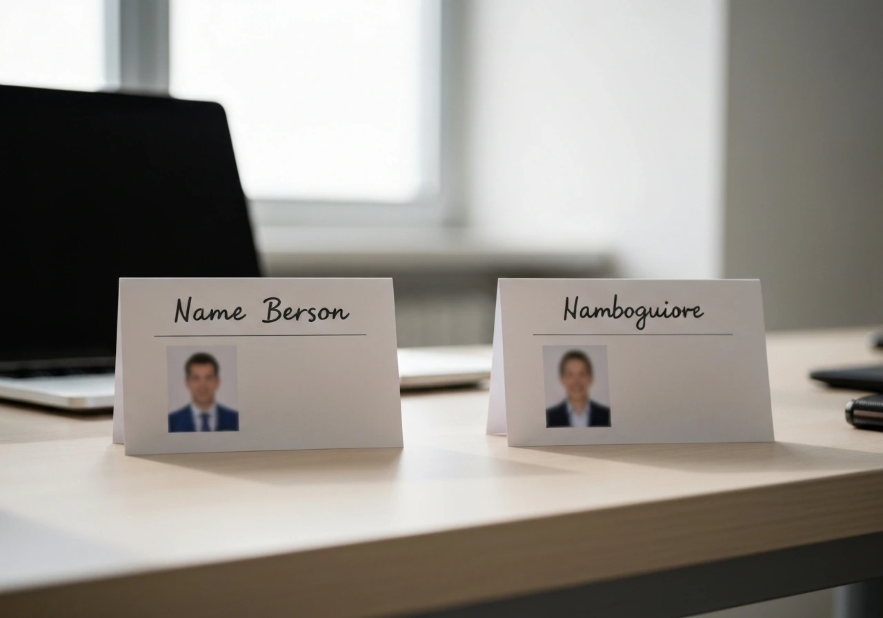 Two blurred name cards beside a laptop on a desk to illustrate confusion between people with the same name.