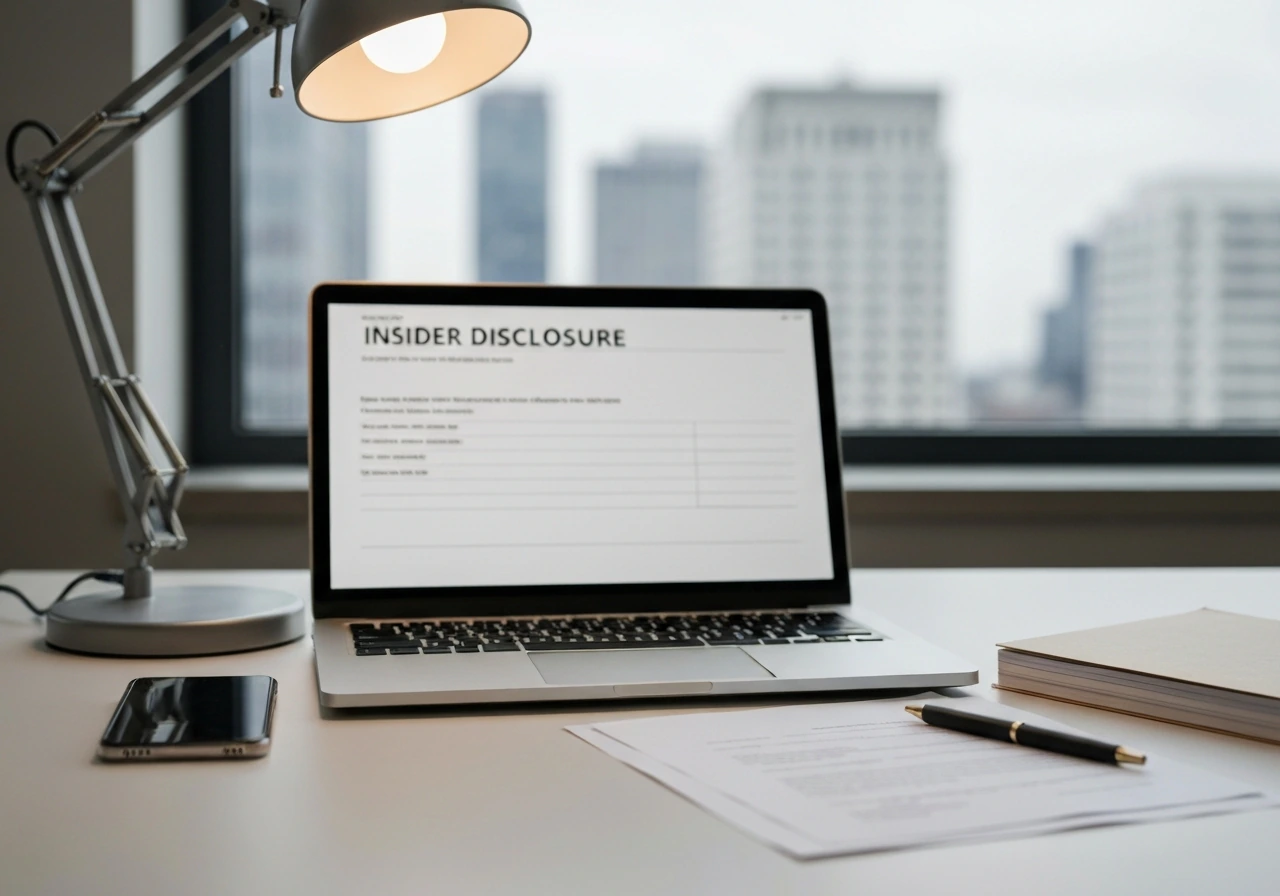 Minimal desk scene with documents and a laptop implying stock-disclosure entries, symbolizing equity disclosures.