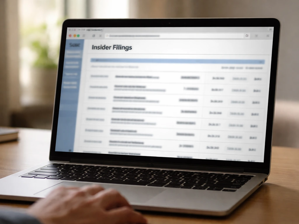 Close-up of a laptop showing a generic SEC EDGAR insider filings search results page layout