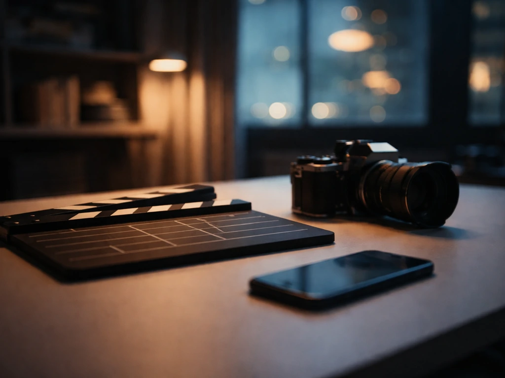 Cinematic view of an empty film studio desk with a clapperboard and soft city lights at dusk.