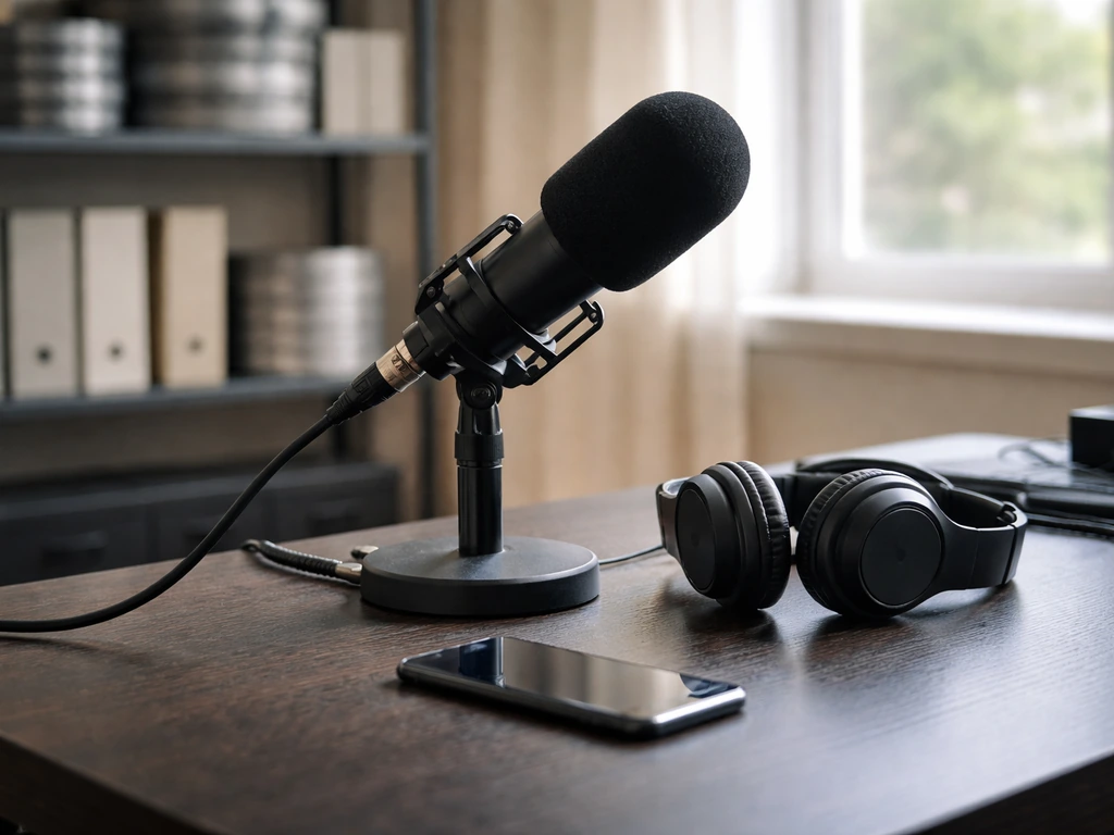 Close-up of a studio microphone and headphones on a desk with soft natural light.